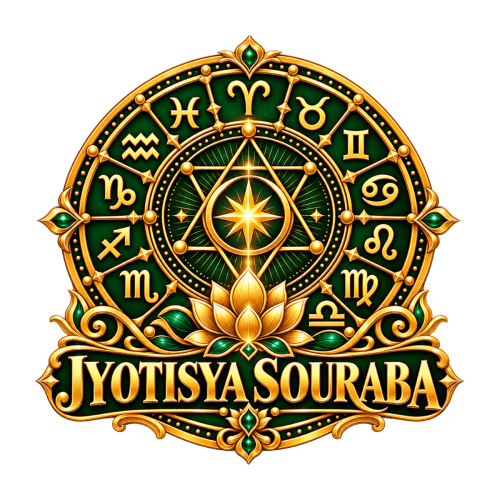 “Jyotisya Sourabha logo featuring the 12 zodiac signs, Vedic astrology symbols, golden celestial star, sacred lotus, and emerald green and gold design”